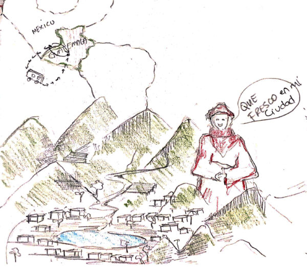 Drawing from Ana’s description of her village in Guatemala, by Victoria Gomes.
