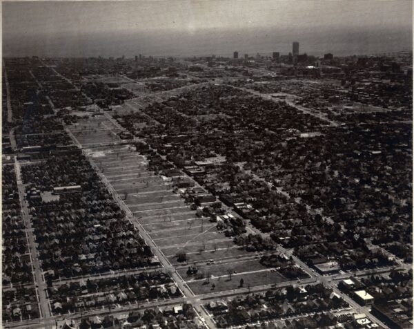 Mid 1970s: Aerial view of a neighborhood demolished to make way for the Park West Freeway, which was never built.